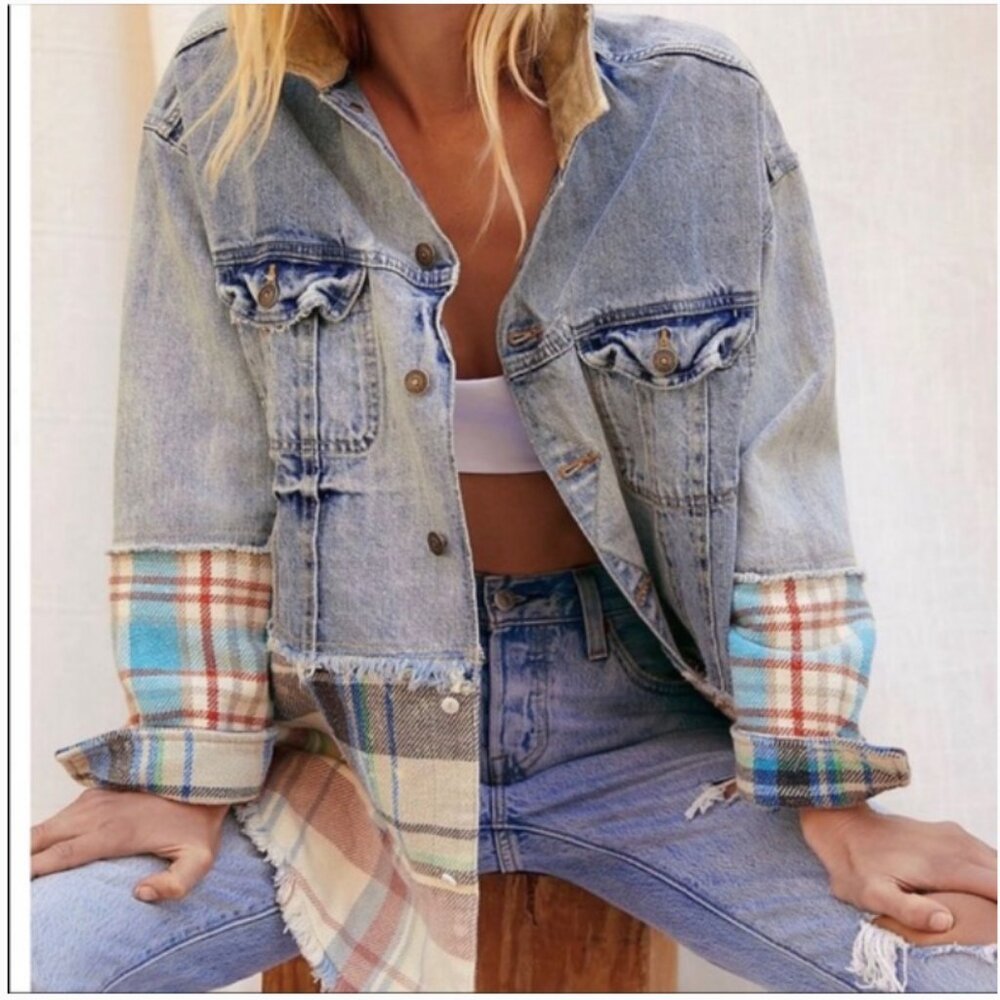 Free People Light Wash Denim Jacket with Plaid Patchwork - Picture 3 of 16